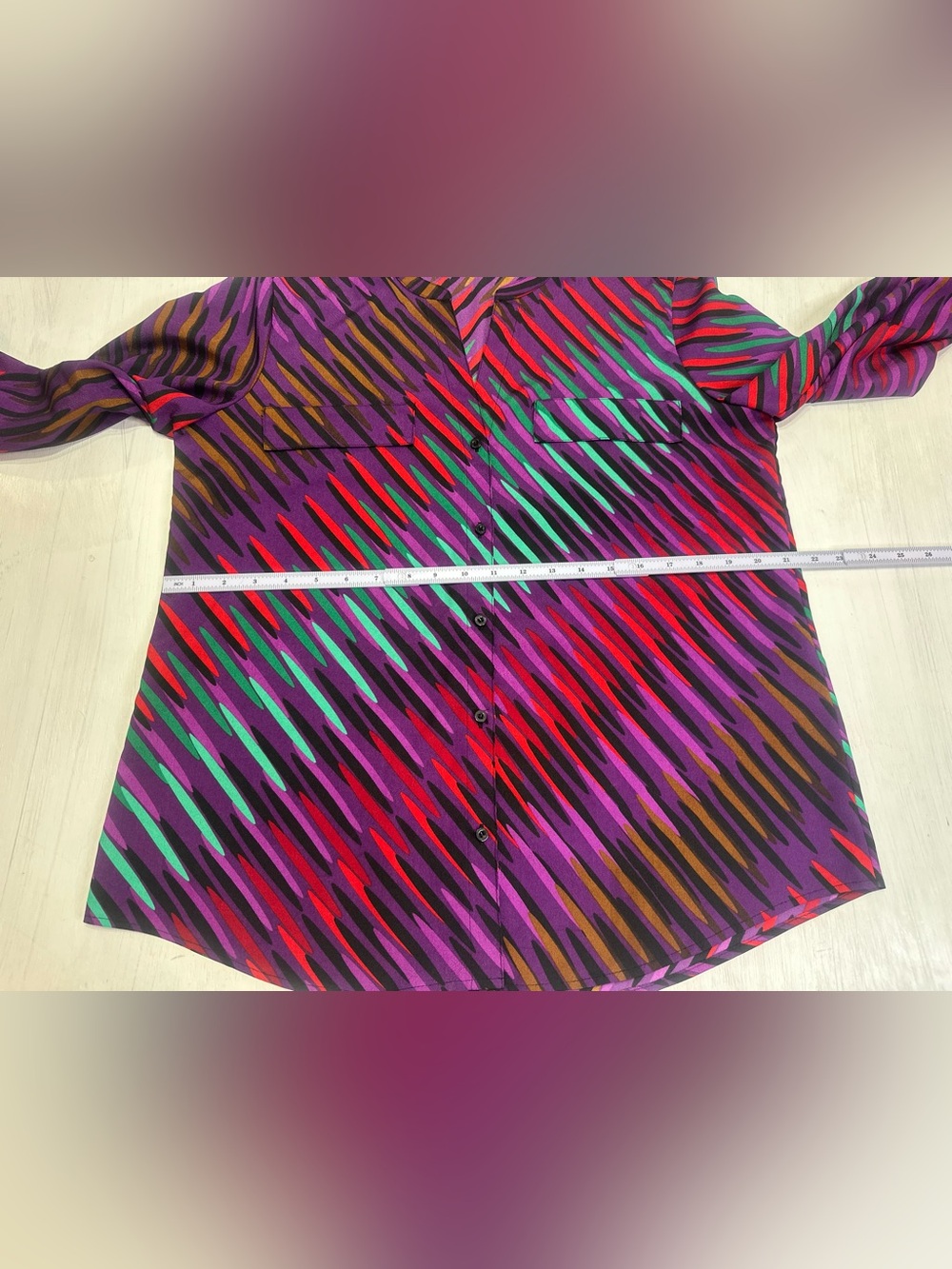 Calvin Klein Women’s L Purple Abstract Semi Sheer Button Front Blouse Top - Picture 5 of 11